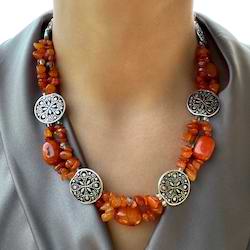 Tangerine quartz, agate and brass necklace