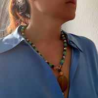Yellow agate pendant, green and golden faceted round beads Necklace