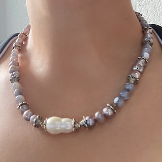 White Single Baroque Pearl, Gray Pearl Potato Beads Necklace