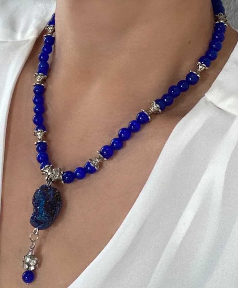 Cobalt Blue beads with Dark Blue Druzy pendant necklace
