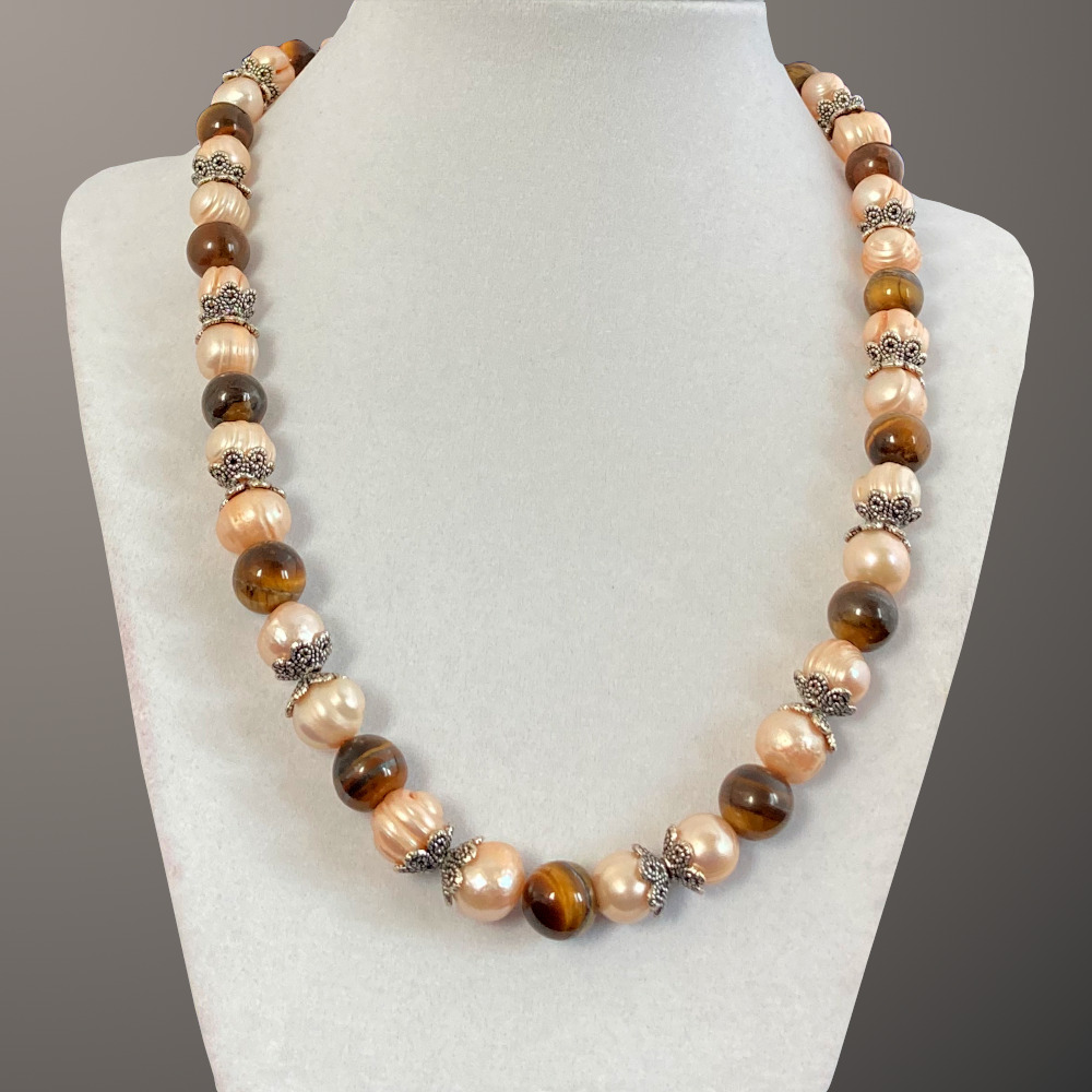 Tiger eye beads, light peach pearls Necklace - Gala Z Art Necklaces